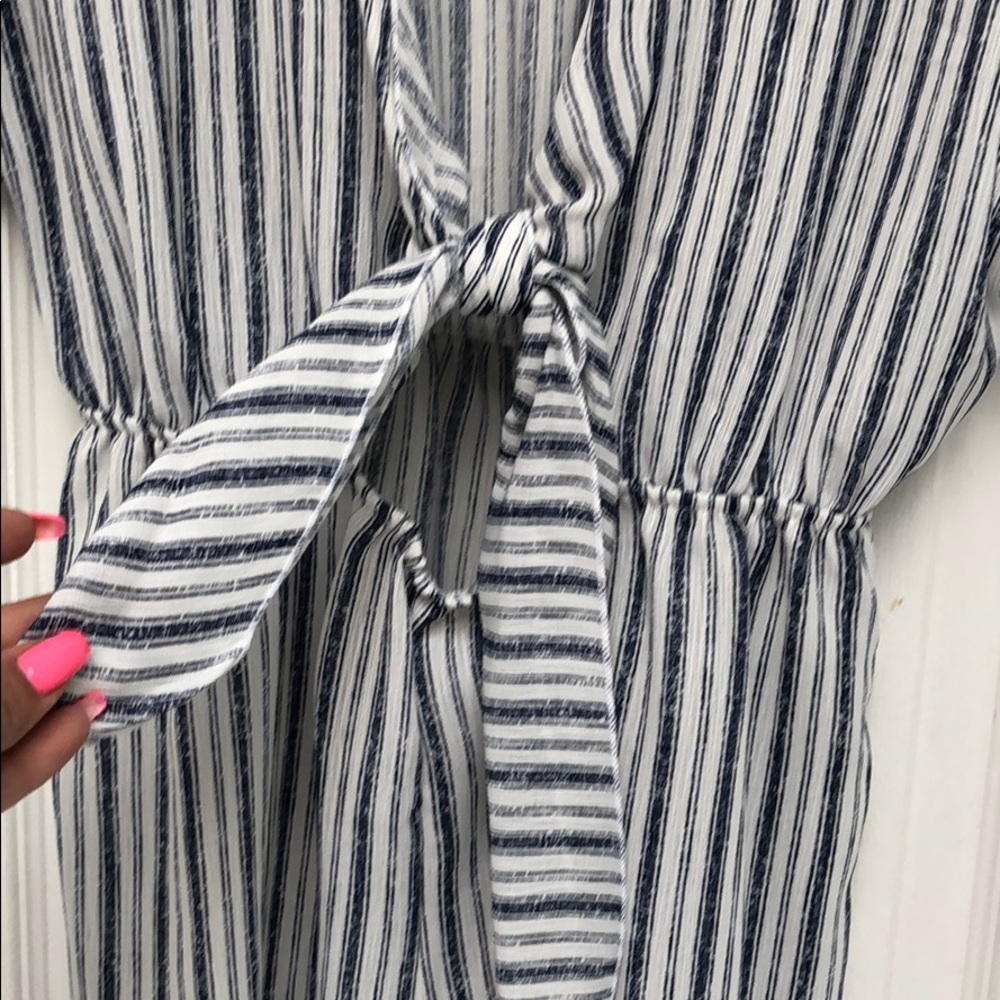 Navy & white pinstripe, tie front shorts romper - Picture 6 of 8